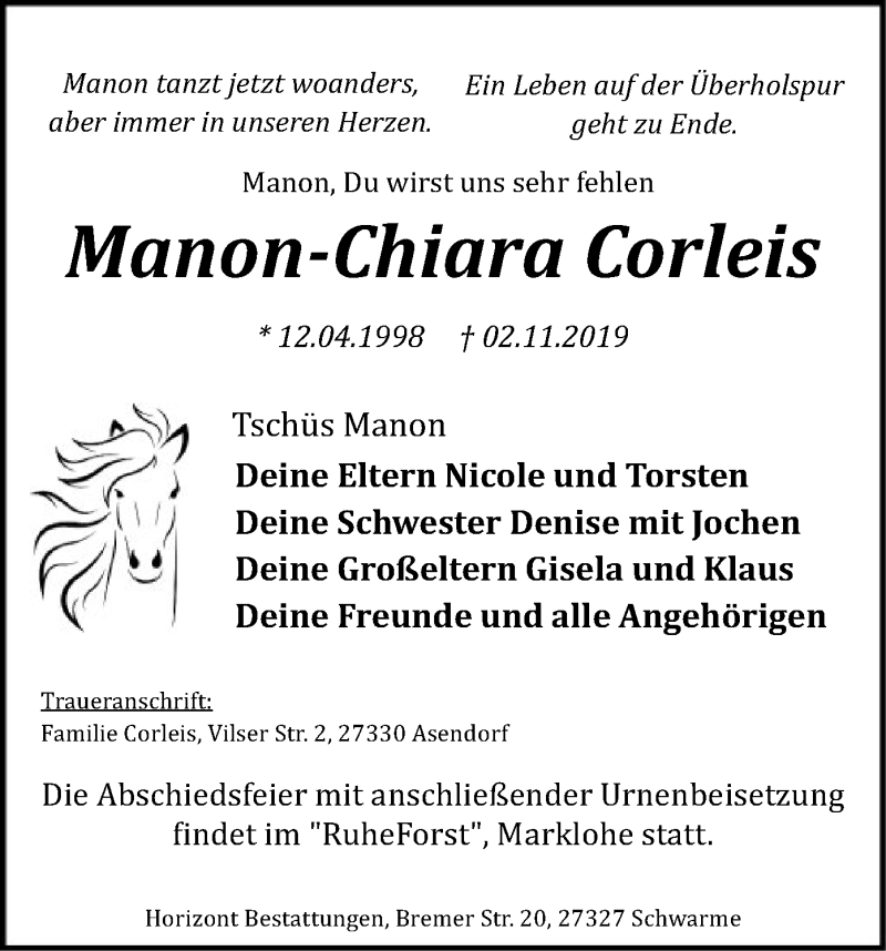  Traueranzeige für Manon-Chiara Corleis vom 07.11.2019 aus SYK