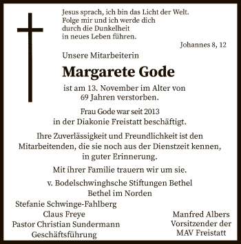 Traueranzeige von Margarete Gode von SYK