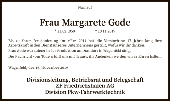 Traueranzeige von Margarete Gode von SYK