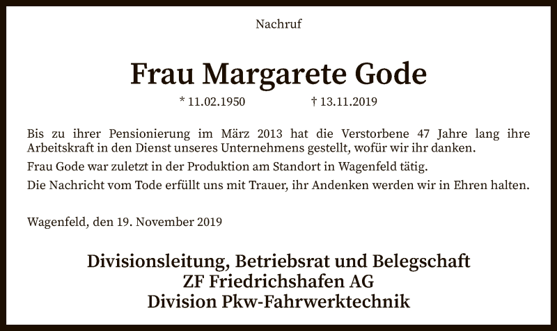  Traueranzeige für Margarete Gode vom 19.11.2019 aus SYK
