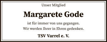 Traueranzeige von Margarete Gode von SYK