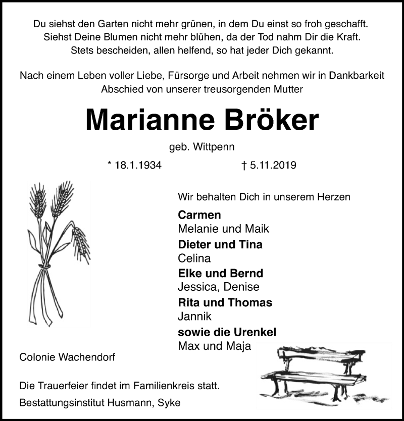  Traueranzeige für Marianne Bröker vom 09.11.2019 aus SYK