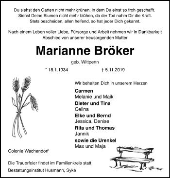 Traueranzeige von Marianne Bröker von SYK