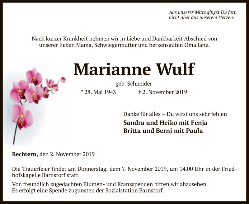  Traueranzeige für Marianne Wulf vom 05.11.2019 aus SYK