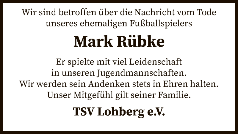  Traueranzeige für Mark Rübke vom 02.11.2019 aus SYK
