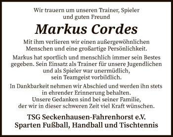 Traueranzeige von Markus Cordes von SYK