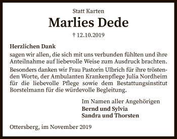 Traueranzeige von Marlies Dede von SYK