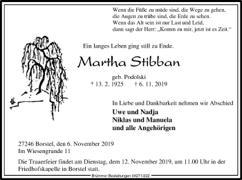 Traueranzeige von Martha Stibban von SYK