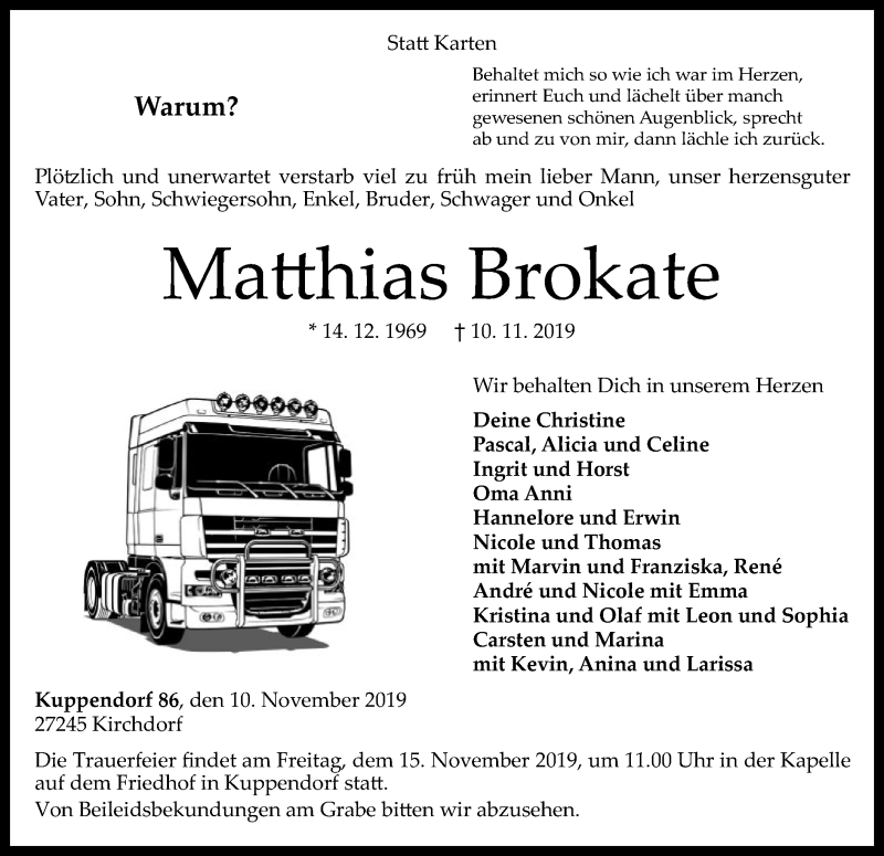  Traueranzeige für Matthias Brokate vom 13.11.2019 aus SYK