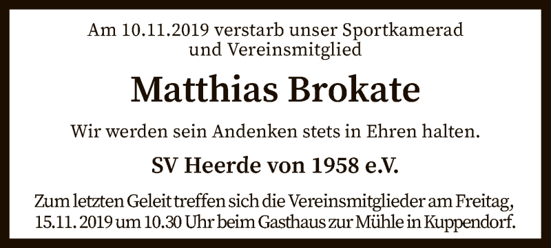  Traueranzeige für Matthias Brokate vom 14.11.2019 aus SYK