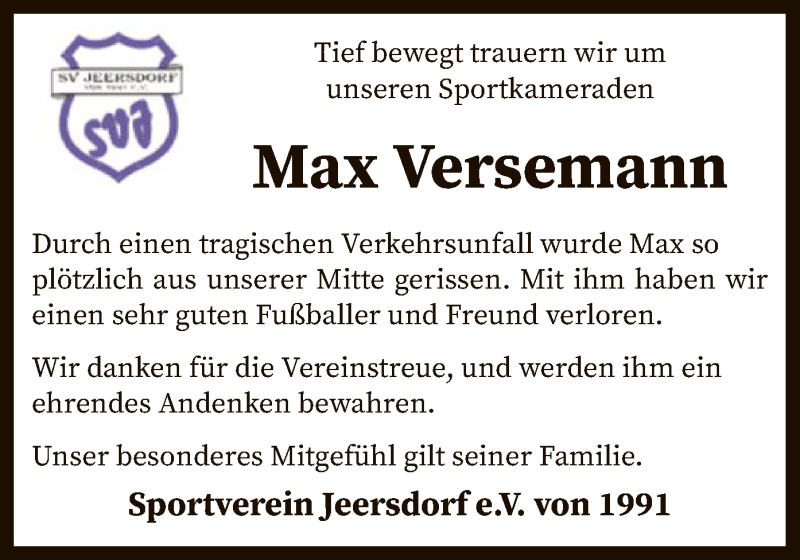  Traueranzeige für Max Versemann vom 07.11.2019 aus SYK