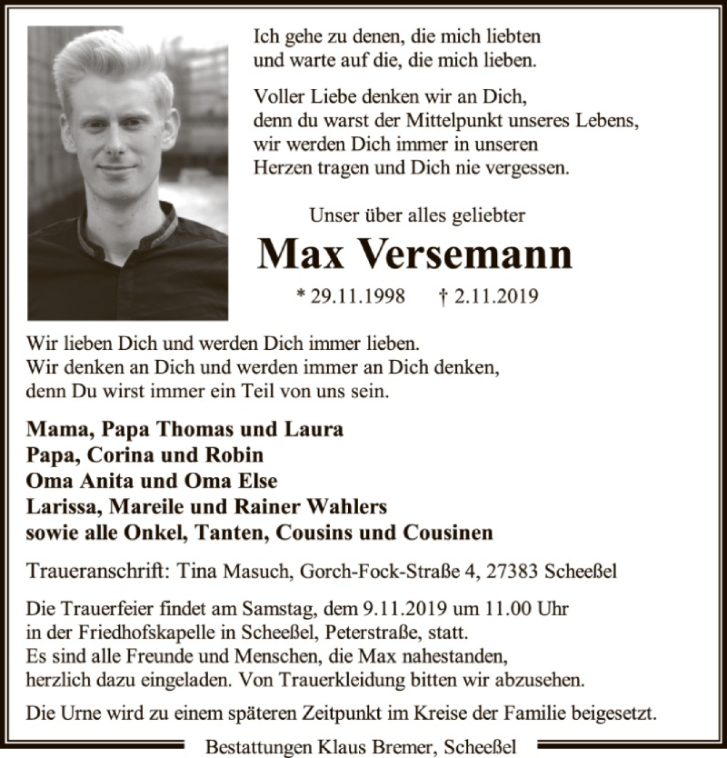  Traueranzeige für Max Versemann vom 06.11.2019 aus SYK