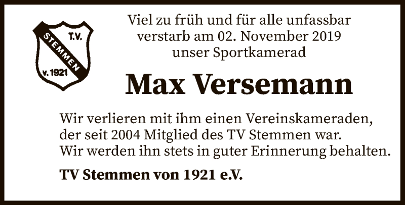  Traueranzeige für Max Versemann vom 08.11.2019 aus SYK