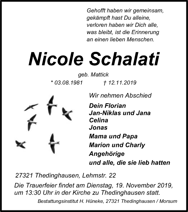  Traueranzeige für Nicole Schalati vom 15.11.2019 aus SYK