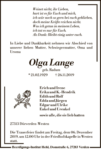 Traueranzeige von Olga Lange von SYK