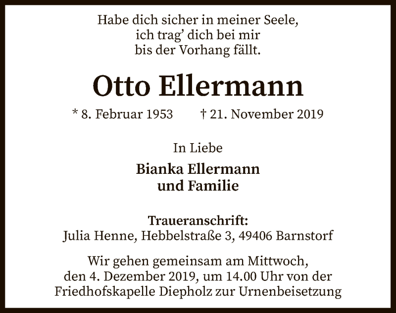  Traueranzeige für Otto Ellermann vom 26.11.2019 aus SYK