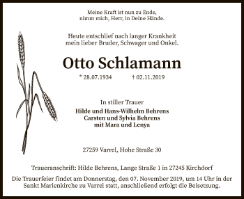 Traueranzeige von Otto Schlamann von SYK