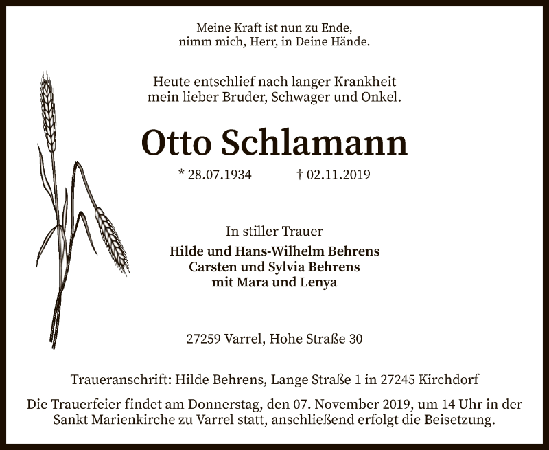  Traueranzeige für Otto Schlamann vom 05.11.2019 aus SYK