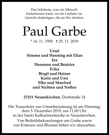 Traueranzeige von Paul Garbe von SYK