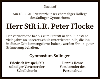 Traueranzeige von Peter Flocke von SYK