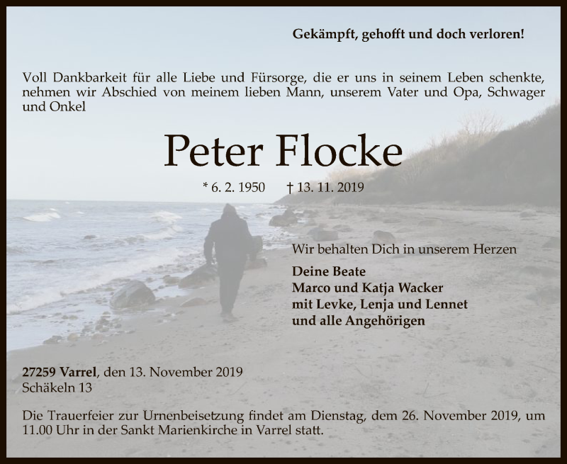  Traueranzeige für Peter Flocke vom 16.11.2019 aus SYK