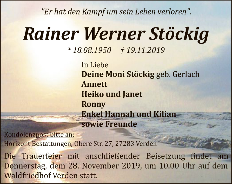  Traueranzeige für Rainer Werner Stöckig vom 26.11.2019 aus SYK