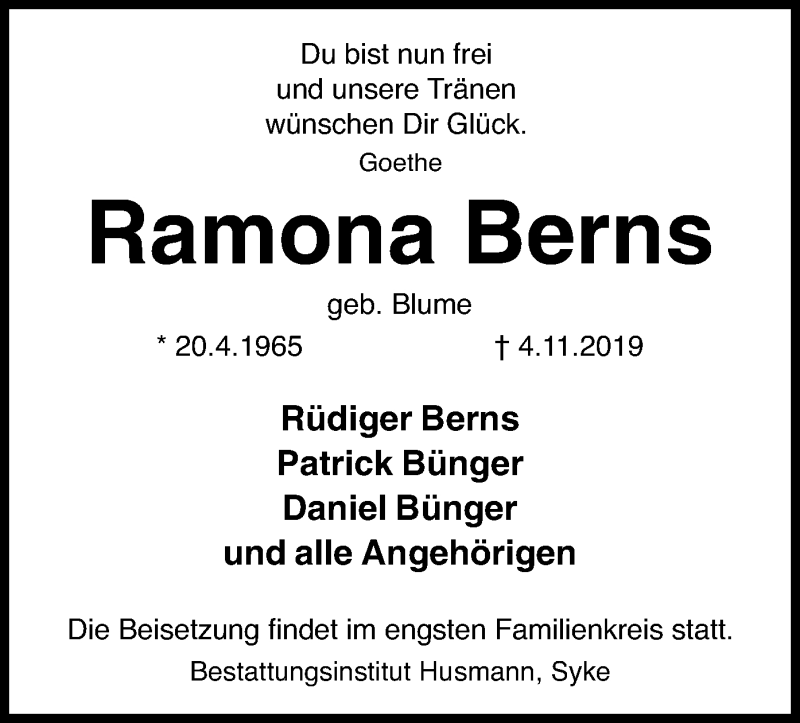  Traueranzeige für Ramona Berns vom 06.11.2019 aus SYK