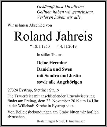 Traueranzeige von Roland Jahreis von SYK