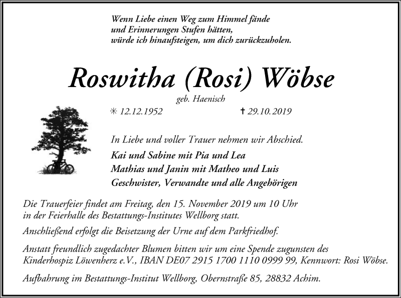  Traueranzeige für Roswitha Wöbse vom 02.11.2019 aus SYK