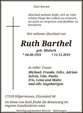 Traueranzeige von Ruth Barthel von SYK