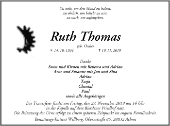 Traueranzeige von Ruth Thomas von SYK