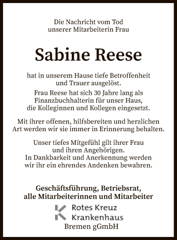 Traueranzeige von Sabine Reese von SYK