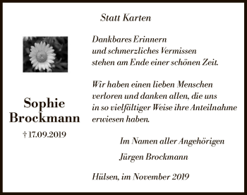 Traueranzeige von Sophie Brockmann von SYK