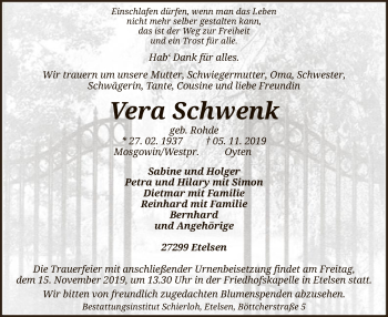 Traueranzeige von Vera Schwenk von SYK