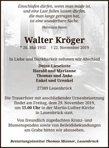 Traueranzeige von Walter Kröger von SYK