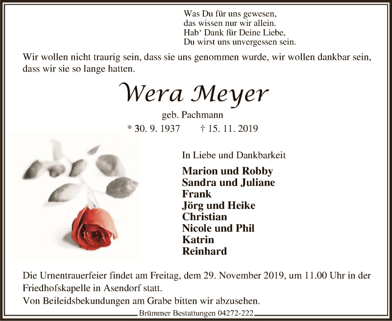  Traueranzeige für Wera Meyer vom 23.11.2019 aus SYK