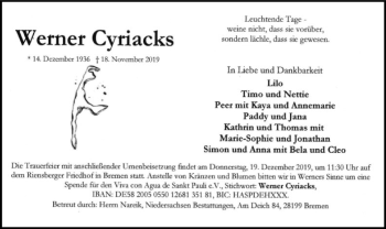 Traueranzeige von Werner Cyriacks von SYK