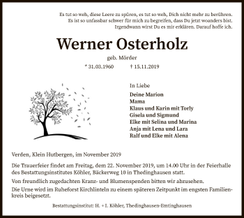 Traueranzeige von Werner Osterholz von SYK