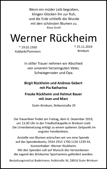 Traueranzeige von Werner Rückheim von SYK