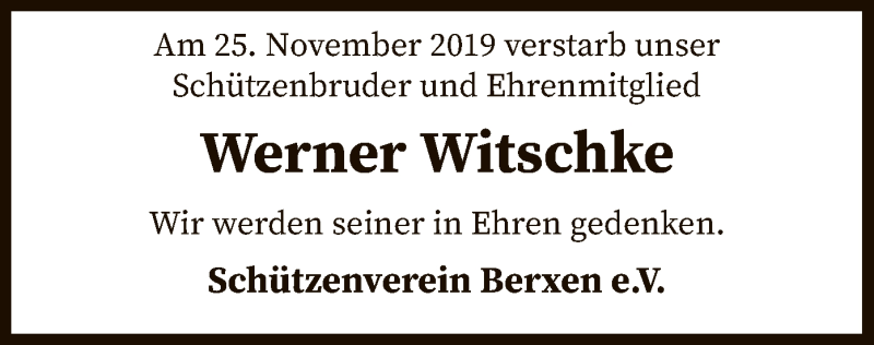  Traueranzeige für Werner Witschke vom 30.11.2019 aus SYK