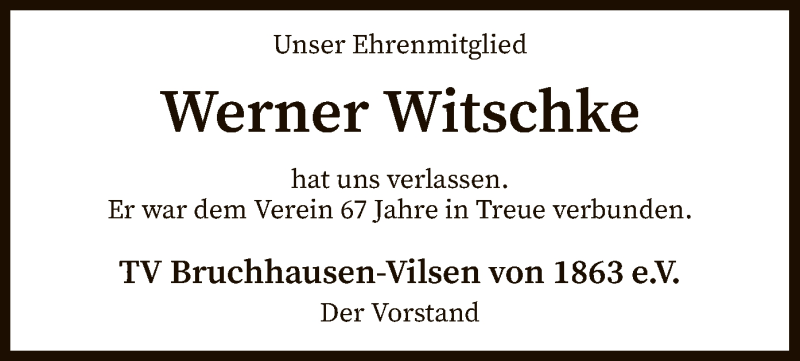  Traueranzeige für Werner Witschke vom 29.11.2019 aus SYK