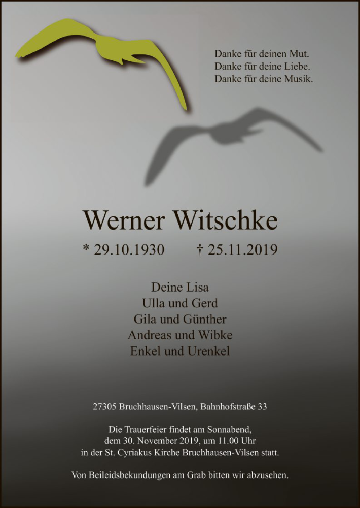  Traueranzeige für Werner Witschke vom 28.11.2019 aus SYK
