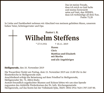 Traueranzeige von Wilhelm Steffens von SYK