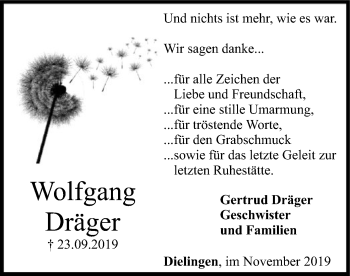 Traueranzeige von Wolfgang Dräger von SYK