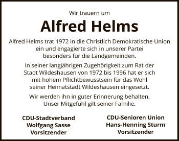 Traueranzeige von Alfred Helms von SYK