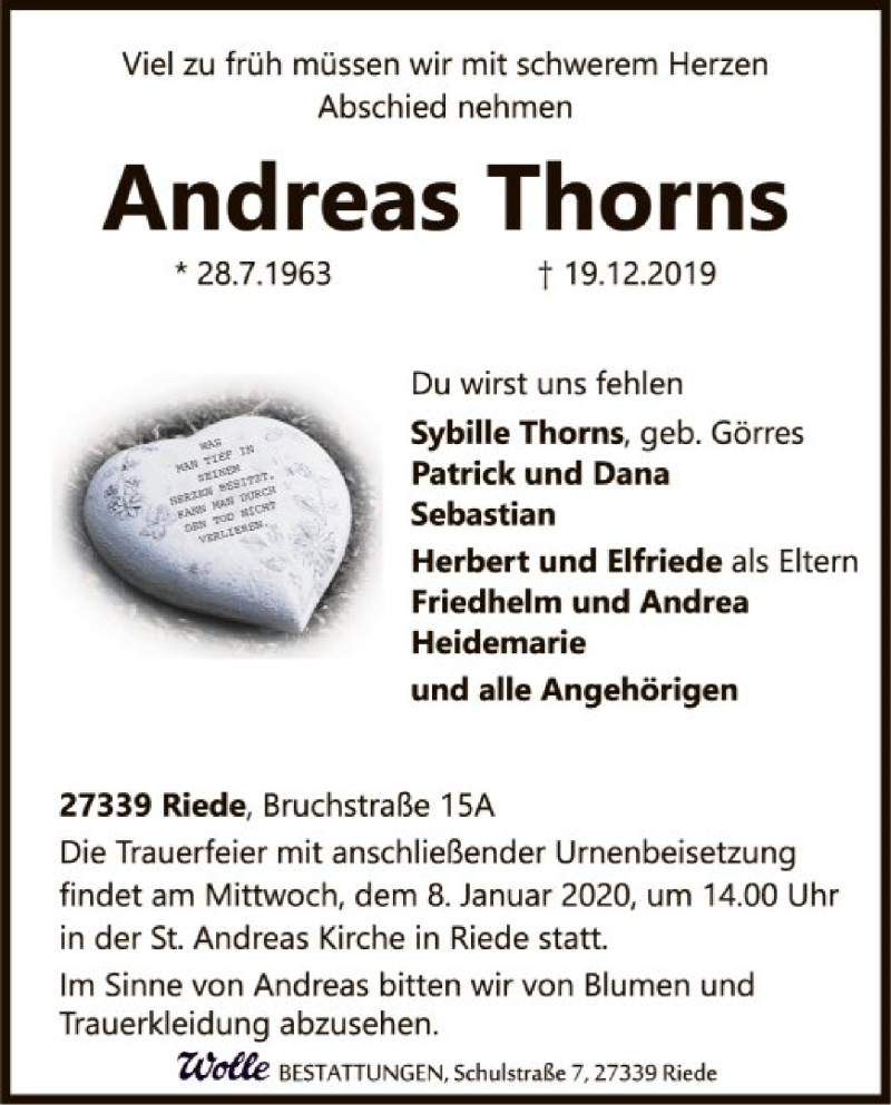  Traueranzeige für Andreas Thorns vom 23.12.2019 aus SYK