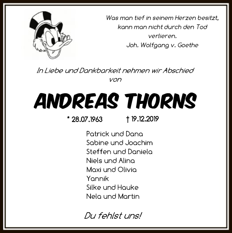  Traueranzeige für Andreas Thorns vom 24.12.2019 aus SYK