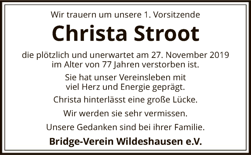  Traueranzeige für Christa Stroot vom 03.12.2019 aus SYK