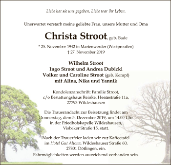 Traueranzeige von Christa Stroot von SYK