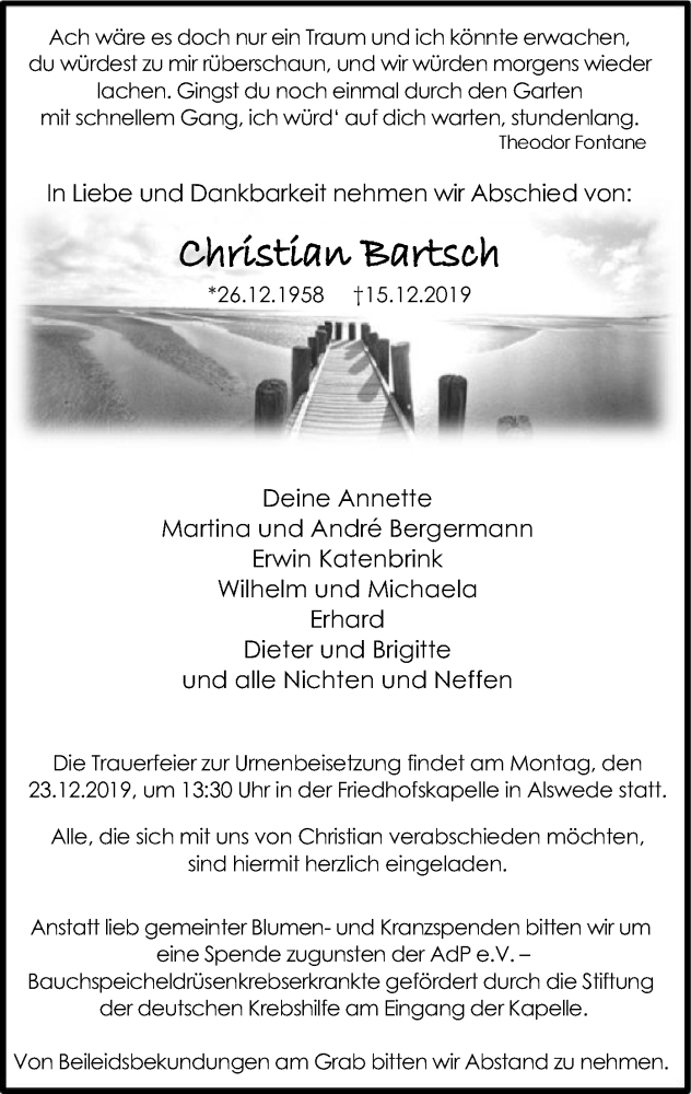  Traueranzeige für Christian Bartsch vom 17.12.2019 aus SYK